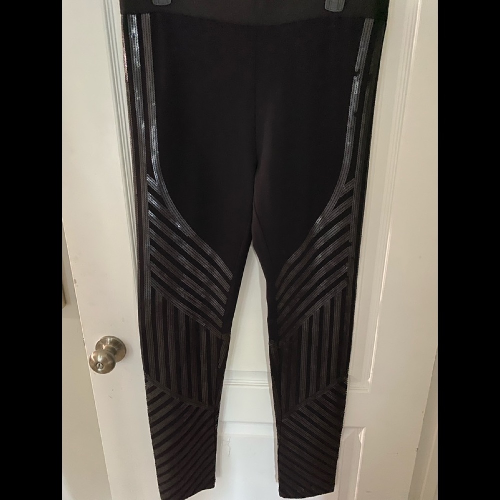 BCBGMaxAzria Black Sequin Leggings, Size L